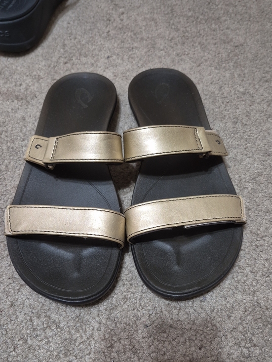 OluKai Shoes - OluKai Gold and Black Two-Strap Slide Sandals
